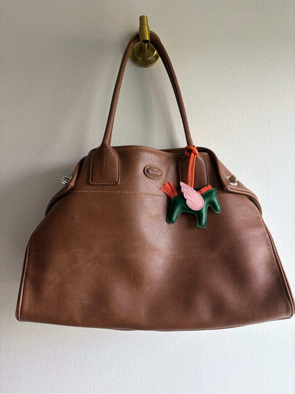 Tod's Brown Leather Tote with Green and Pink Charm